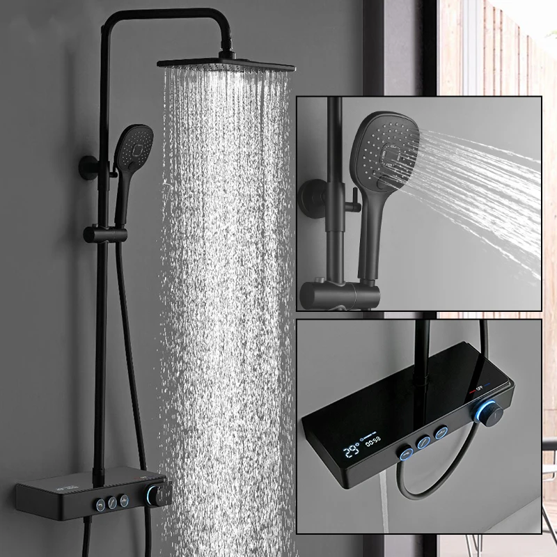 

Rainfall Shower Set Intelligence Temperature Digital Display Black Bathroom Shower System Black Bath Faucet