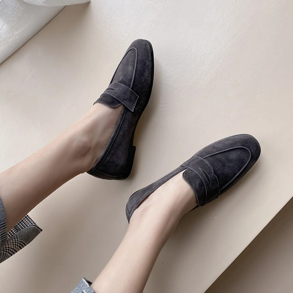 Flat Shoes Women High Quality WALK Lamb Leather Suede LoafersRound Toe Soft Sole Comfortable Flat Shoes Large Size 44