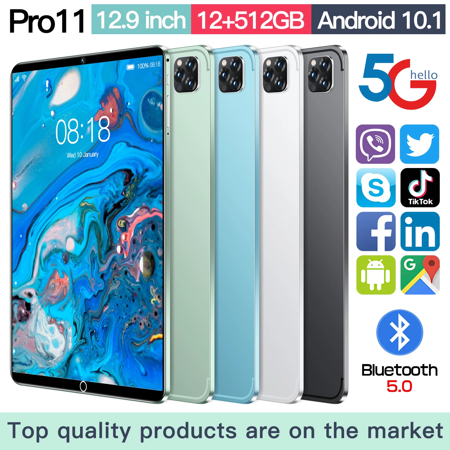 

5G tablet 10.1-inch 2022 new Android 12GB+512GB office phone 2-in-1 HD+pluggable dual card+wifi+face recognition