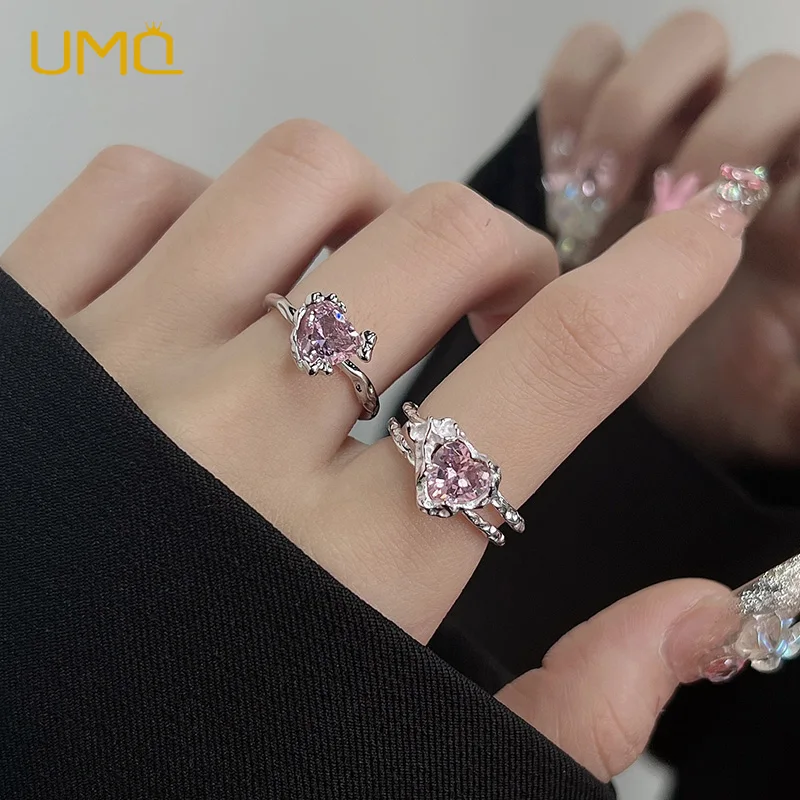 

UMQ Retro Gothic Silver Color Crystal Heart Ring For Women Girls Vintage Punk Geometry Adjustable Open Rings Party Jewelry