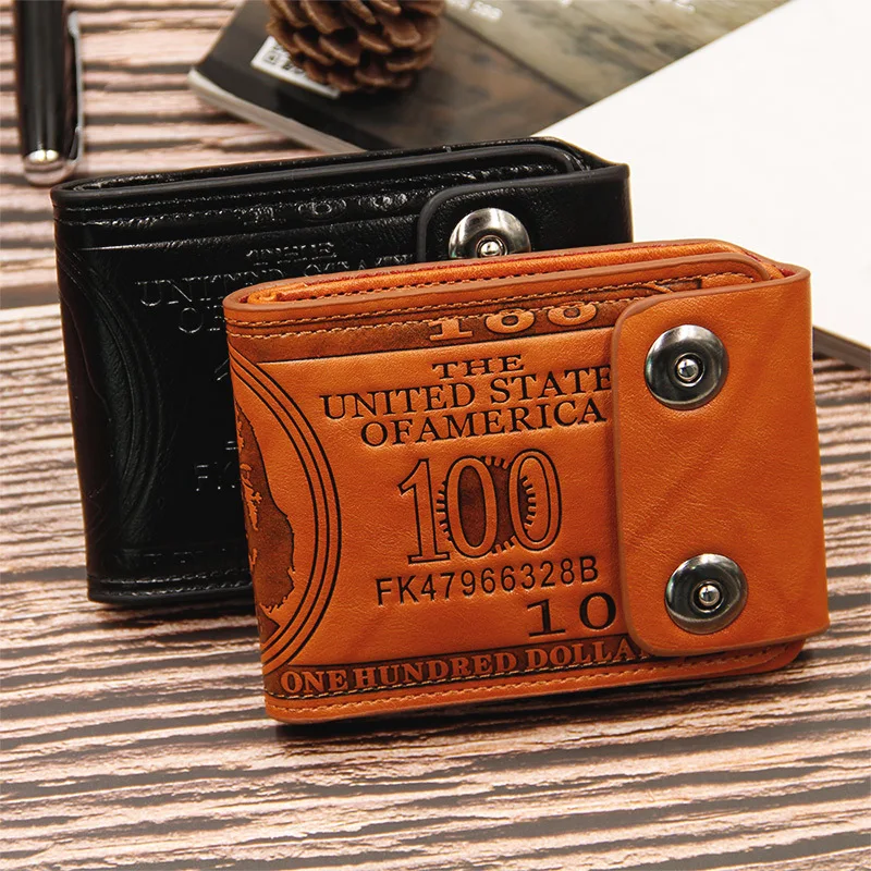 

2023 Men's Short Wallet Pressure Change Magnetic Buckle Wallet Double Line Foldable PU Leather Wallet Hundred Dollar Bill Wallet