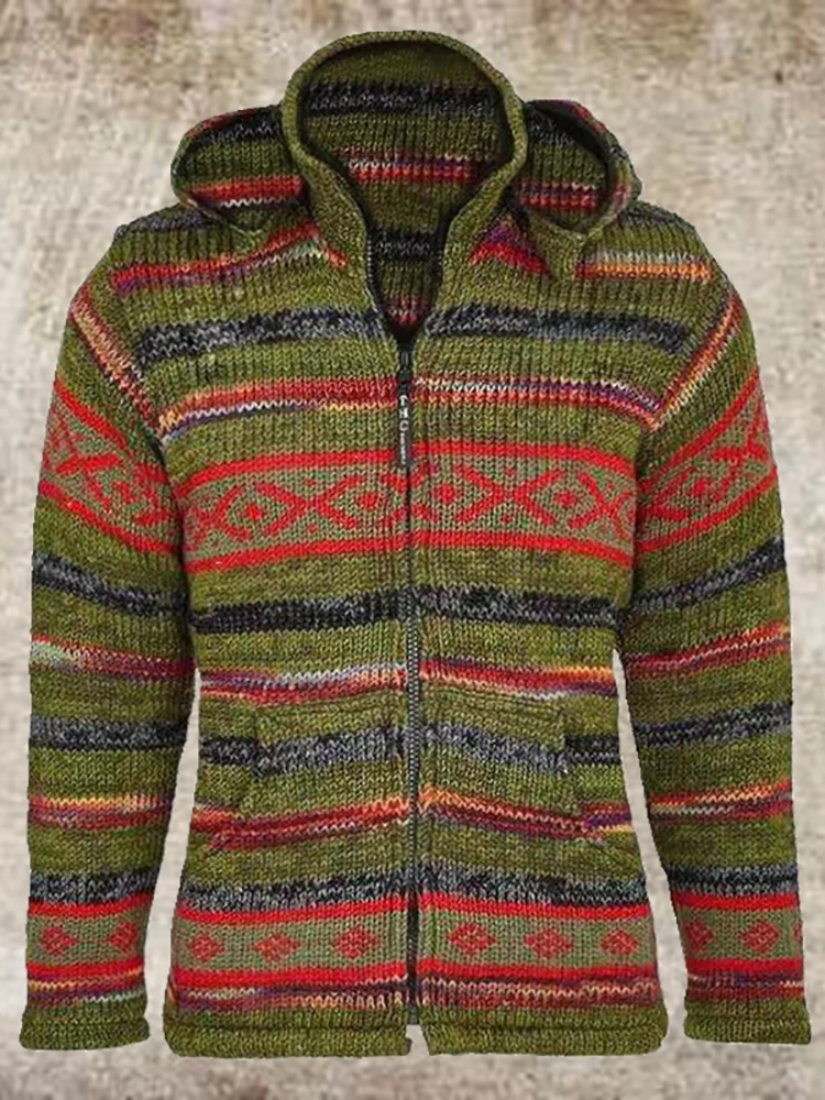 

Autumn Casual Stripe Hooded Coats Men Retro Long Sleeve Patchwork Printed Knitted Cardigan Men's Winter Fashion Slim Streetwear