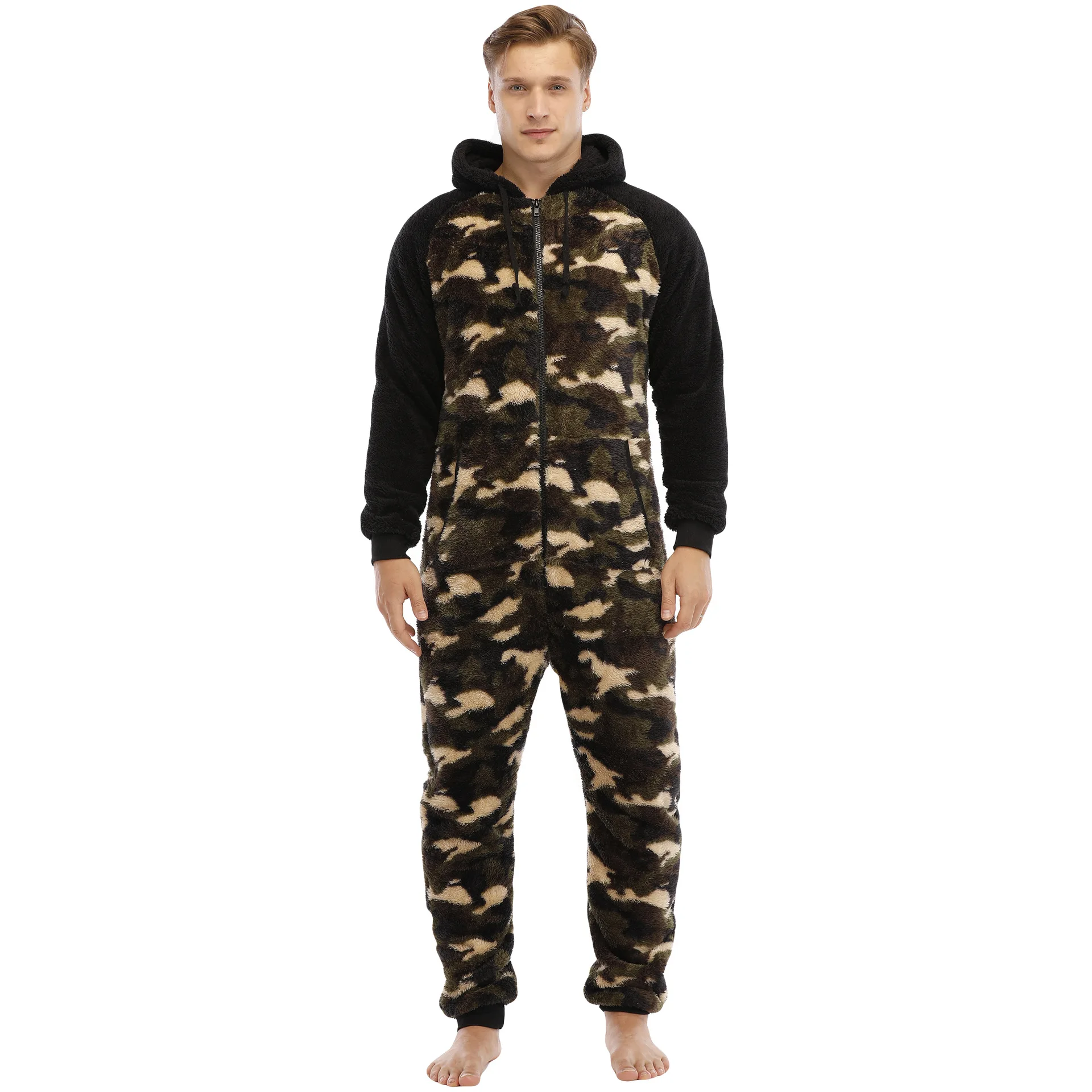 Autumn Winter Casual Flannel Onesies Hoodie Jumpsuit Pajama Men Jumpsuits Hoodie Zipper Sleepwear