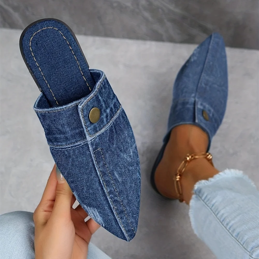 

Women's Denim Flat Mules, Fashion Pointed Toe Slip On Non Slip Shoes, Casual Outdoor Slides