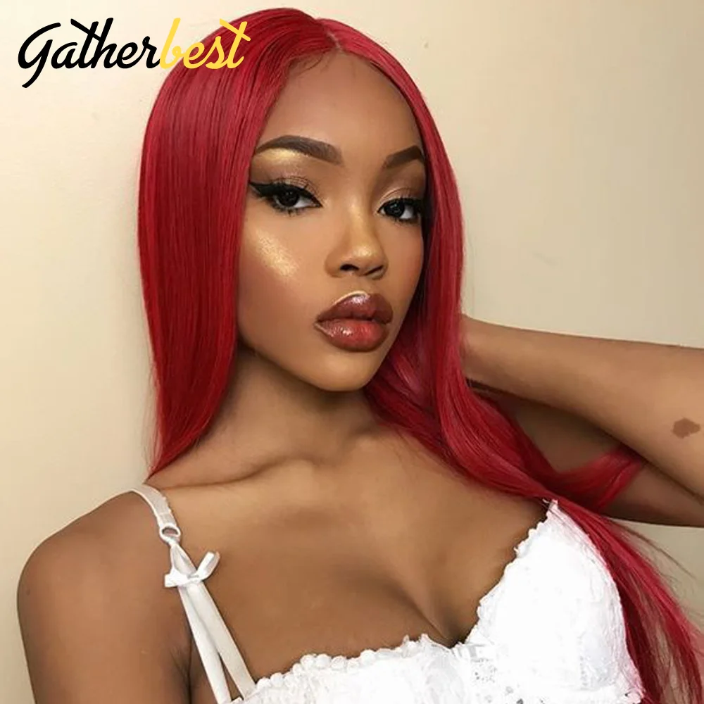 Парик цвета Бургунди на сетке спереди 13x4 прозрачный парик прямые человеческие