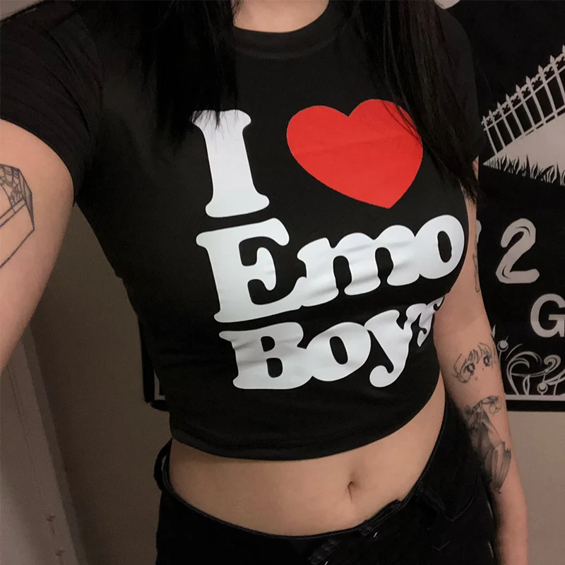 

Футболка в стиле Харадзюку с надписью «I Love Emo» для мальчиков, укороченные топы с коротким рукавом и круглым вырезом, Женская милая уличная одежда Y2k, укороченные топы, футболка