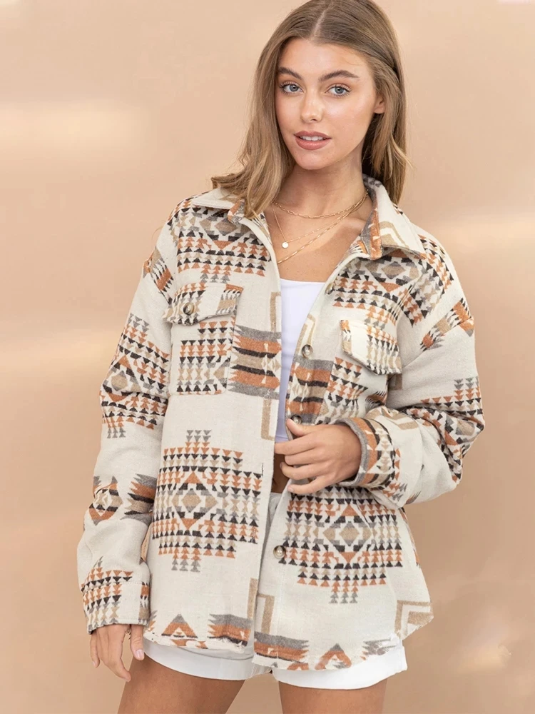 

Vintage Women Aztec Printed Jacket Long Sleeved Splicing Loose Wool Coat Winter Female Causal Pockets Button Shirt Jacket Tops