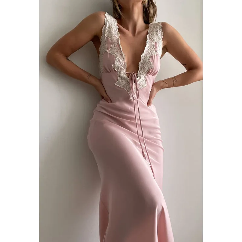 

V Neck Maxi Satin Bodycon Dress Party Sexy Lace Backless Summer Elegant Bandage Women Dresses Club Sleeveless 2022