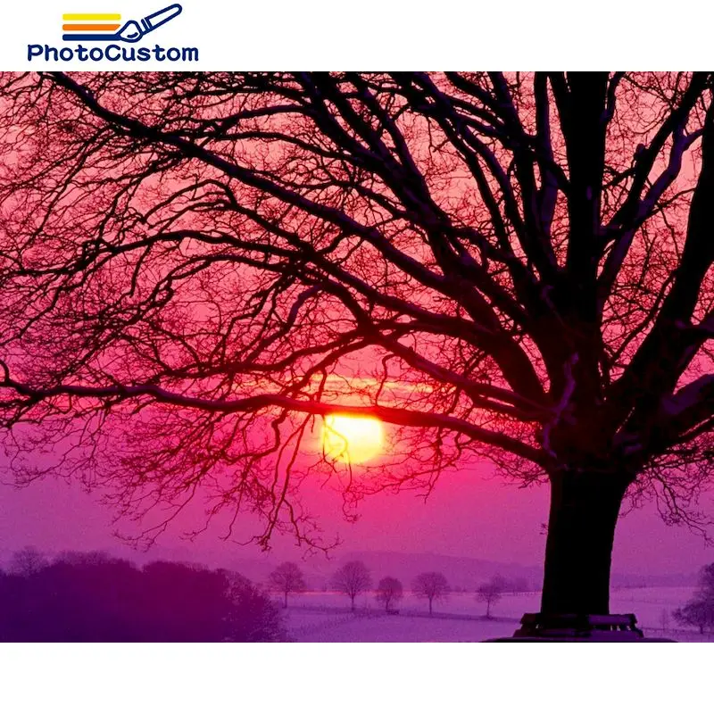 

PhotoCustom Paint By Number Sunset Tree Wall Art DIY Frame Picture By Numbers Scenery Acrylic Canvas Children's Room Decor