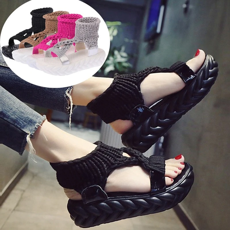 

Women Gladiator Sandals Summer Flat Wool Shoes Thick-bottomed Knitting Sandals Solid Ladies Platform Sandalias Zapatos Mujer