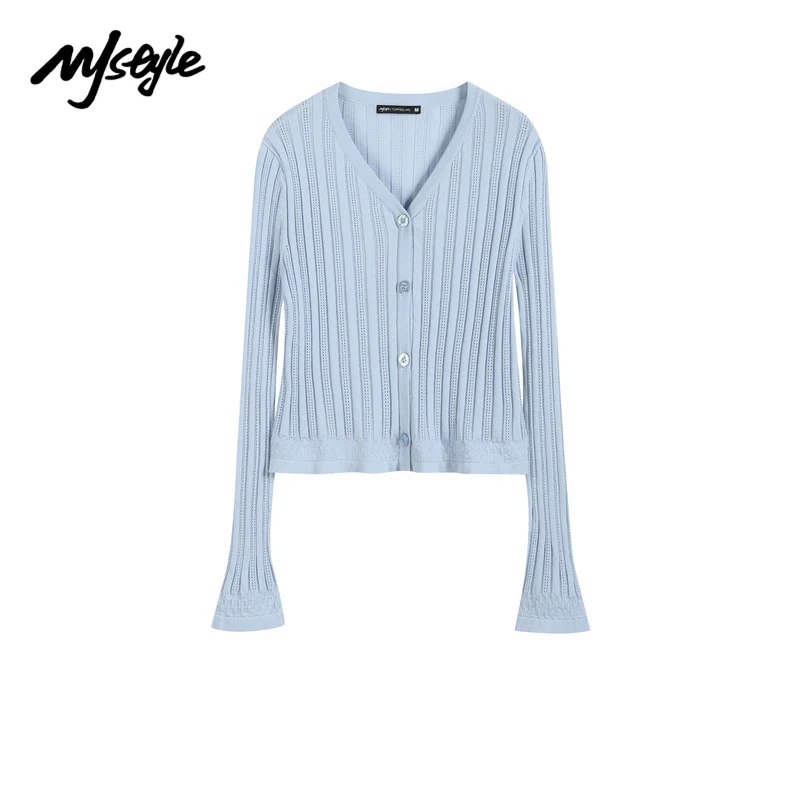 

MJstyle 2022 Spring Elegant Sexy V-neck Flare Sleeves Knit Cardigan Blue White Pink Knitwear French Street Fashion 522190040