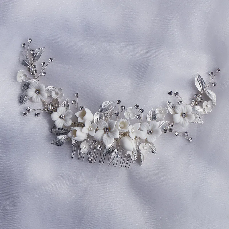 Женский свадебный гребень для волос ручной работы с белым фарфоровым цветком