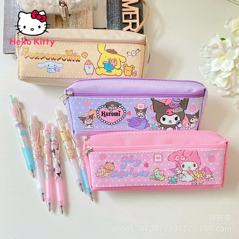 

Hello Kitty Kulomi Pen Holder Canvas Storage Bag Double Layer Large Capacity Zipper Stationery Pencil Case Cartoon Orgernizer
