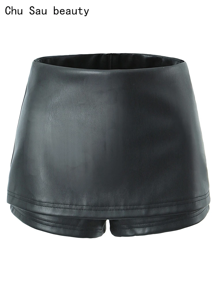 

Женская юбка-шорты из ПУ кожи, со средней талией и молнией
