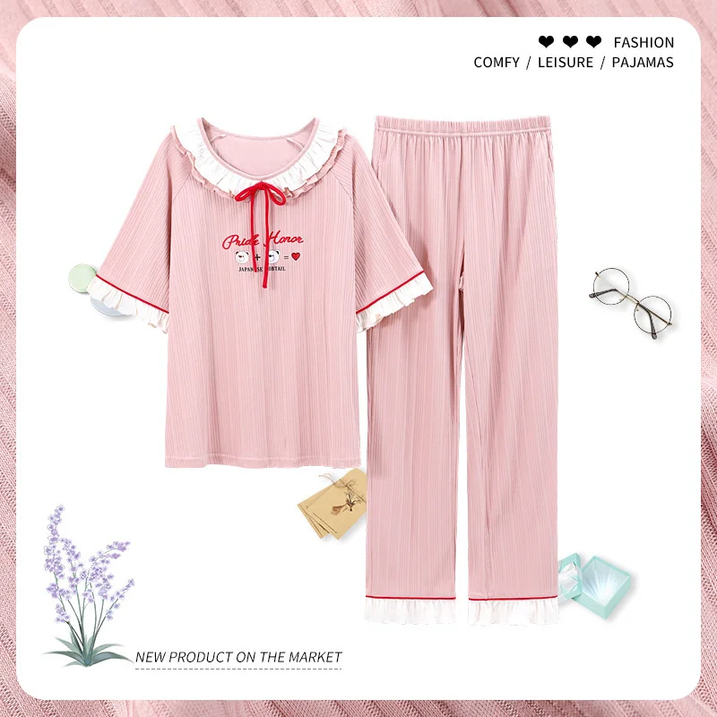 pajamas female summer short sleeved trousers pure cotton lovely student princess style less women's home clothes suit