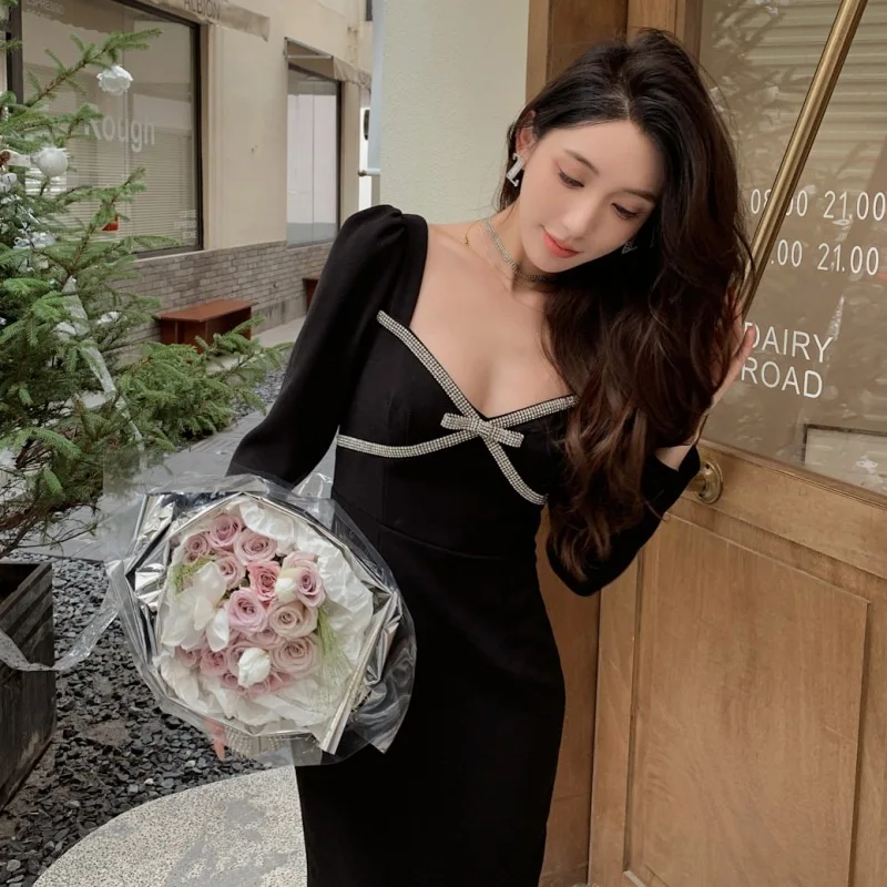 Роскошное осеннее платье миди с длинными рукавами и кристаллами бантом вечерние