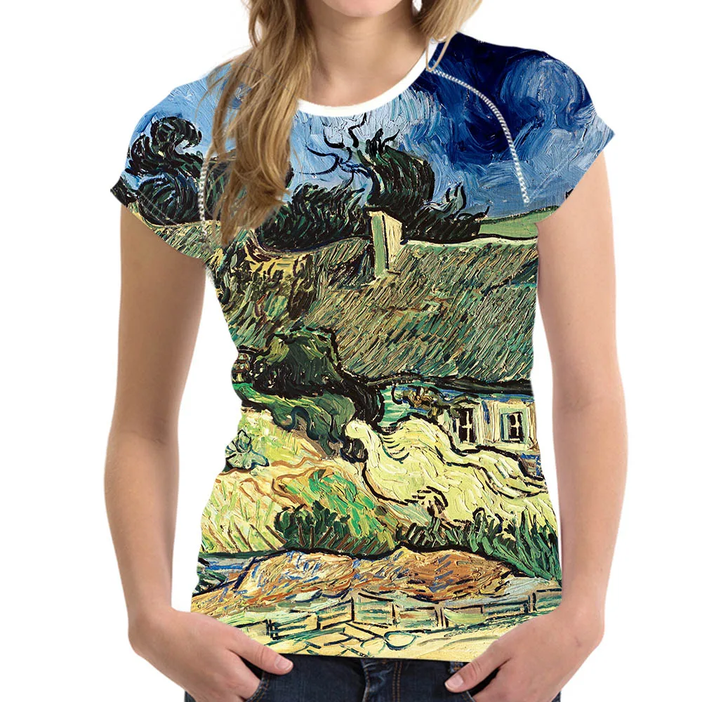 

FORUDESIGNS/женская летняя одежда, Ван Гог, пейзаж, картина маслом, футболка, Топы, футболка для женщин, футболка, дышащая мягкая для женщин