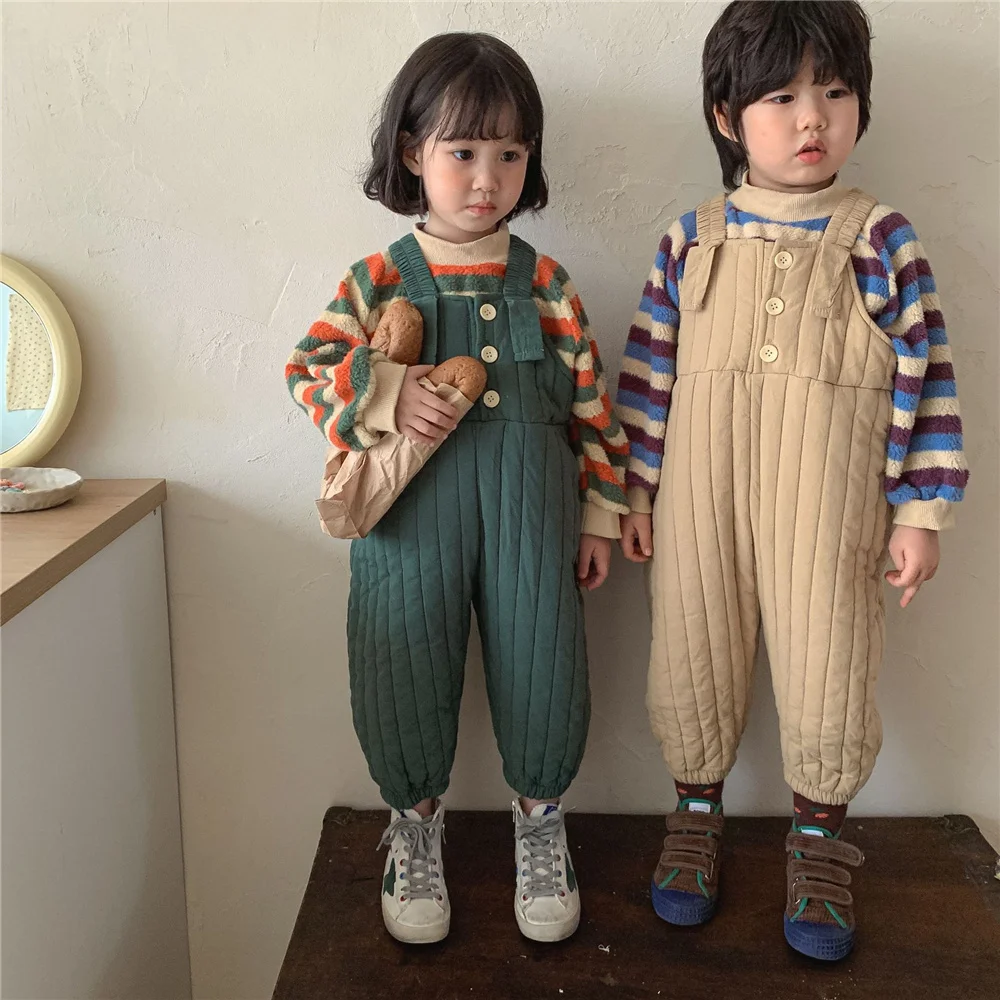 

2021 Autumn Winter Unisex Solid Color Quilted Overalls Korean Style Boys And Girls Warm Thick Casual Suspender Trousers 2-6Y