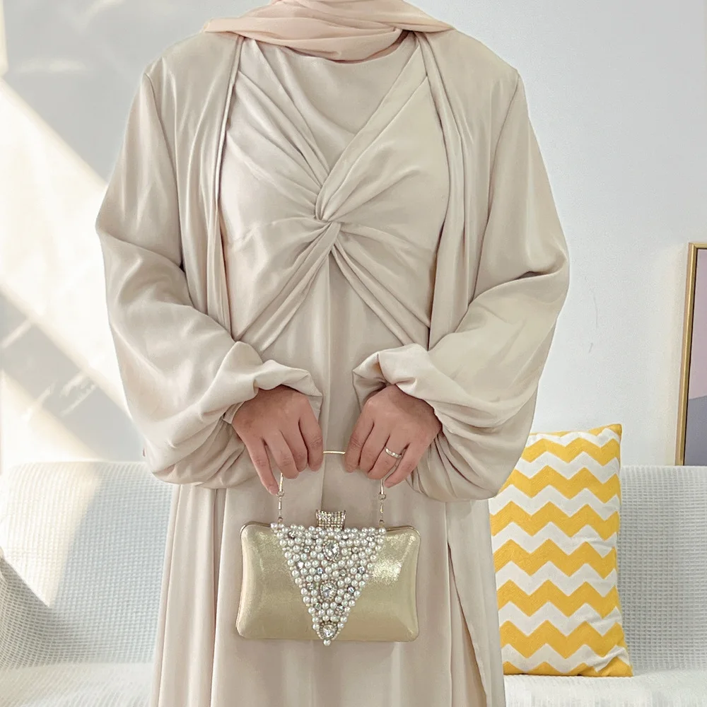 Middle East Muslimische Sets 2022 Turkey Dubai Solid Two Piece Dress Cardigan Modest Muslim Sets Jilbab Femme Musulman 2 Pieces