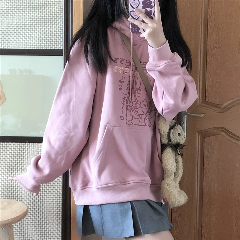 Женский свободный свитер с капюшоном розовая толстовка мультяшным принтом для