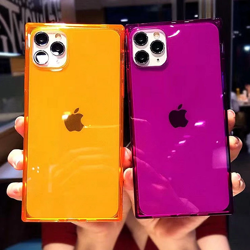 

Soft Fluorescence Square Phone Case For iPhone 11 12 13 Pro Max XS X XR Max Mini 7 8 Plus SE 2020 Transparent Bumper Back Cover