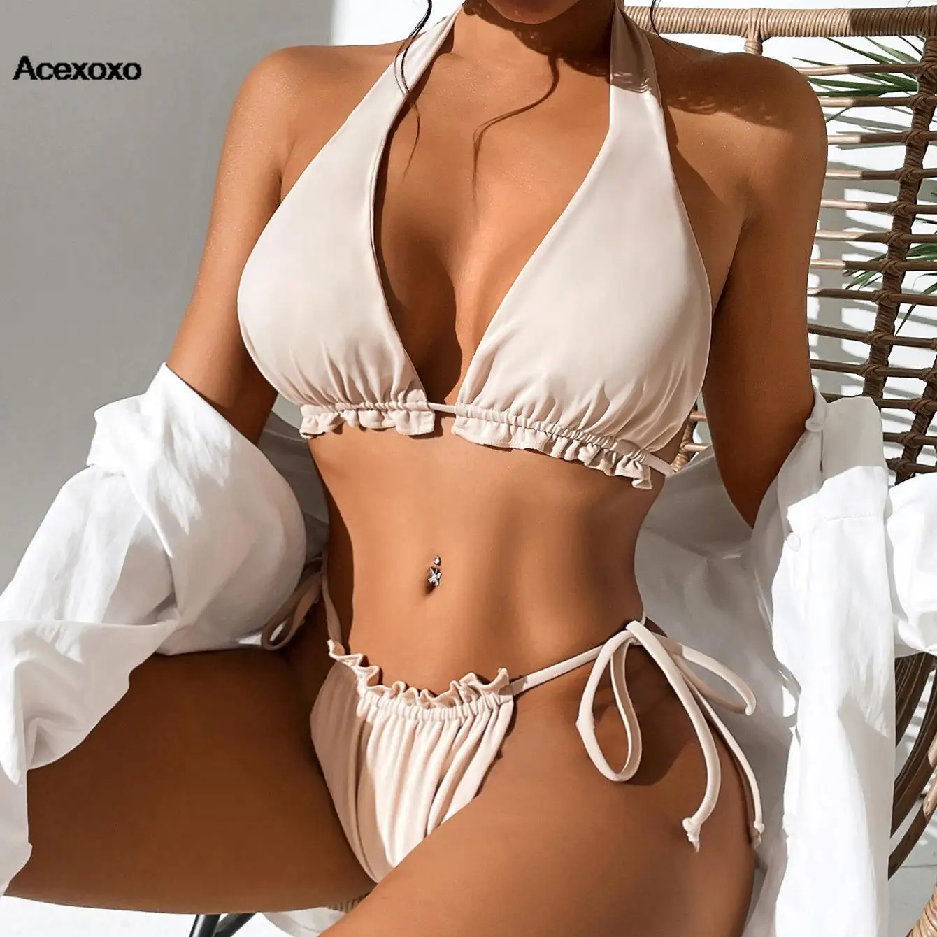 

2023 new spring and summer fashion neckline solid color sexy bikini two-body swimsuit for women swimsuit