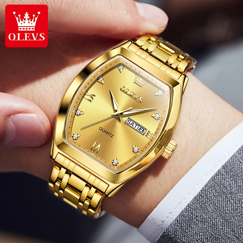 

OLEVS Men Watch Luxury Gold Barrel Quartz Watch 2023 New Mens Watches Luminous Weekly Calendar Display Waterproof Reloj Hombre