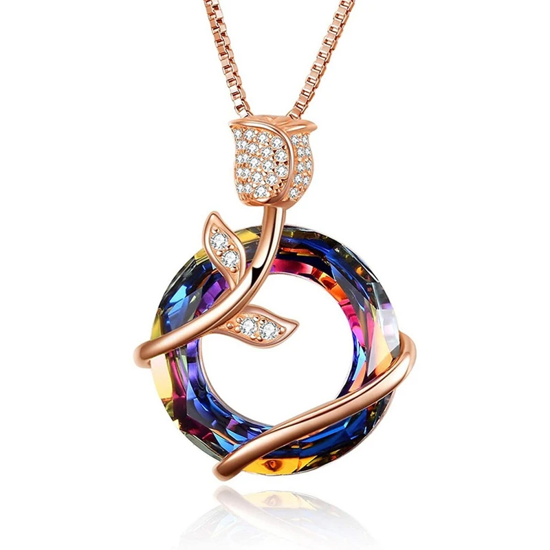 

1 PC Multicolor Zircon Rose Gold Color Rose Flower Pendant Necklace For Women Clavicle Chain Fashion Jewelry Charm Gift