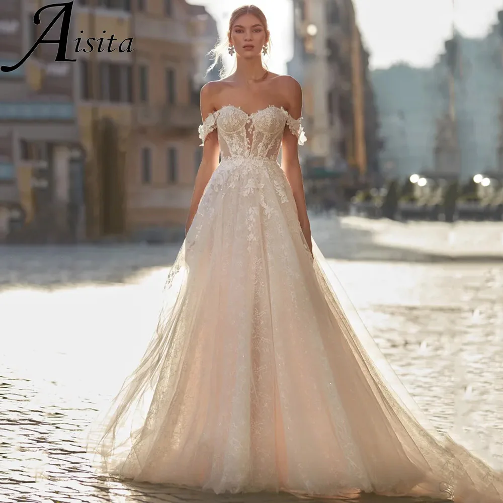 

Classical Sweetheart A Line Wedding Dress Lace Appliques Off The Shoulder Bridal Gown Backless Sweep Train Vestidos De Novia