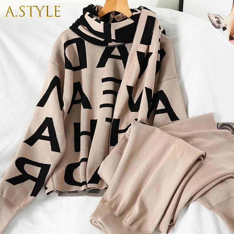 

Women's High Quality Knited Letter Sweater + Pants+Cape Long Scarf 3Pcs Suits Knit Pullovers Cappa Wraps Wide Leg Trousers Sets