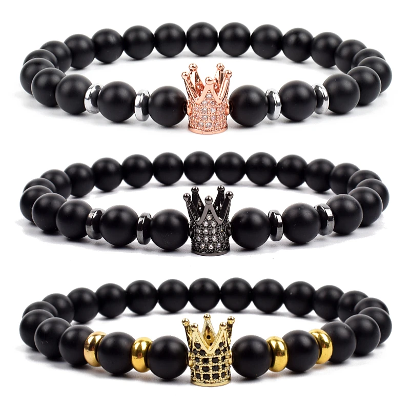 

Bracelet Charm Men Accessories Black Matte Oxyn Agates Stone Beads Micro Pave Setting Cz King Crown Bracelets & Bangles Jewelry