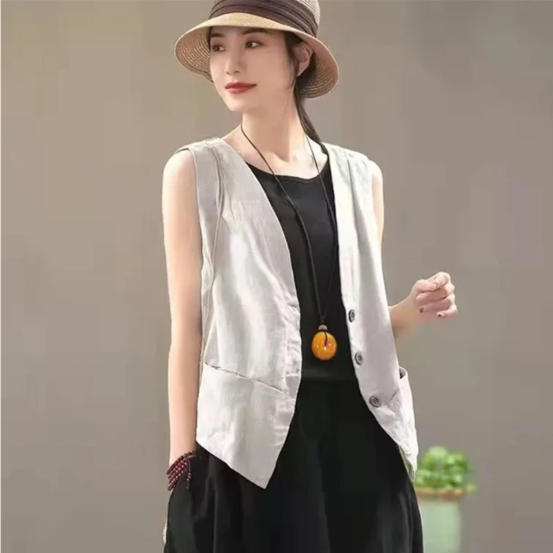 

Women Vest 2023 New Summer Loose Waistcoat V-Neck Single Breasted Vintage Short Thin Sleeveless Blazer Cardigan Tops Outwear