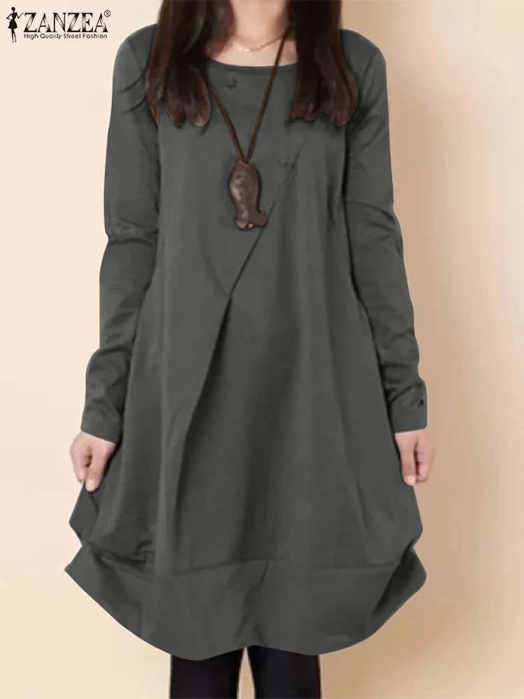 

ZANZEA Autumn Fashion Knee Length Work Robe Casual Vintage Loose Vestido Elegant Dress Full Sleeve O-Neck Solid Color Sundress