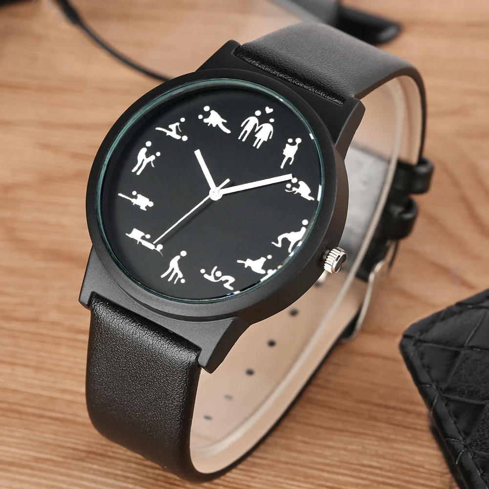 

New Fashion Creative Fun Watch Unisex Watches Women Men Black Leather Strap Quartz Wristwatches Cheap Price Dropshipping