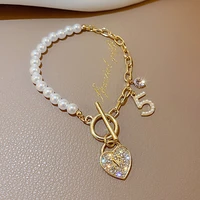 korean t shape rhinestone heart women bracelet 14k real gold romantic pearl bangles armband wedding engagement jewelry pendant