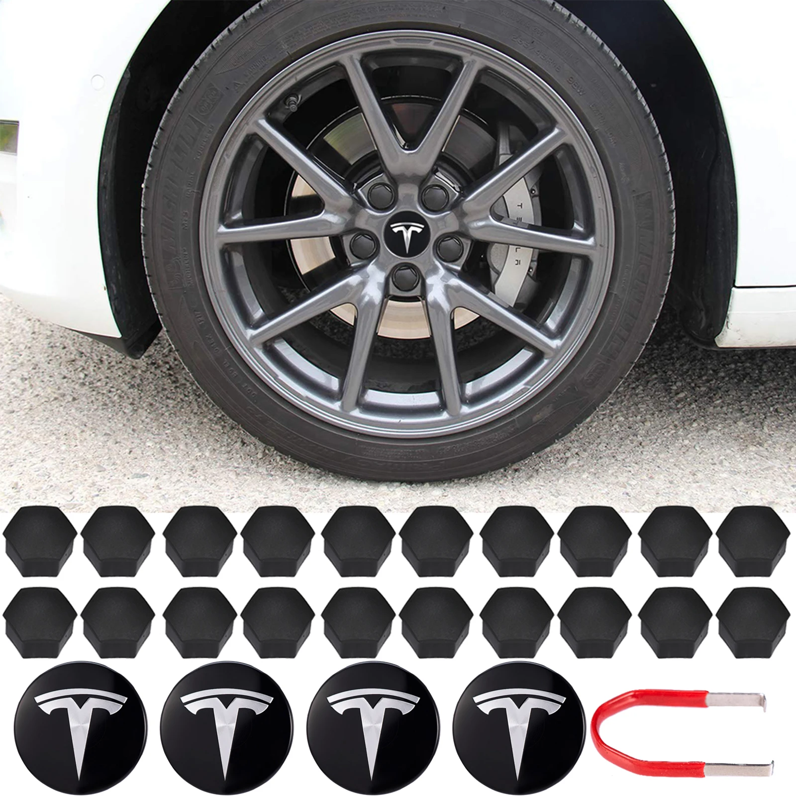 

Wheel Cap Kit Center Cap Hub Lug Nut Cover Black Red White Grey with 4 Center Cap 20 Lug Nut Cover For Tesla Model 3 Y S X