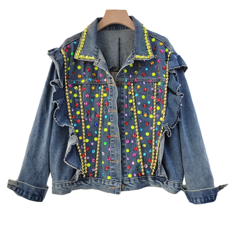 

Autumn Fashion Multicolor Beading Diamonds Ruffles Denim Jacket Coat Women Cowboy Outwear Loose Casual Short Jeans Jacket Female
