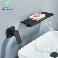 matte black basin sink faucet wall mounted brass body hot cold water bathroom waterfall taps washbasin water mixer single handle