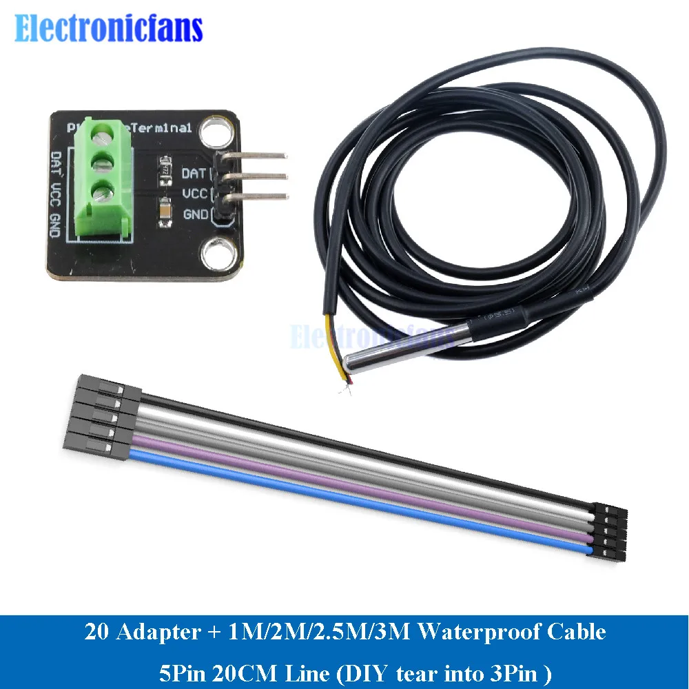 

DS18B20 Temperature Sensor Module Kit Waterproof 100CM Digital Sensor Cable Stainless Steel Probe Terminal Adapter For Arduino