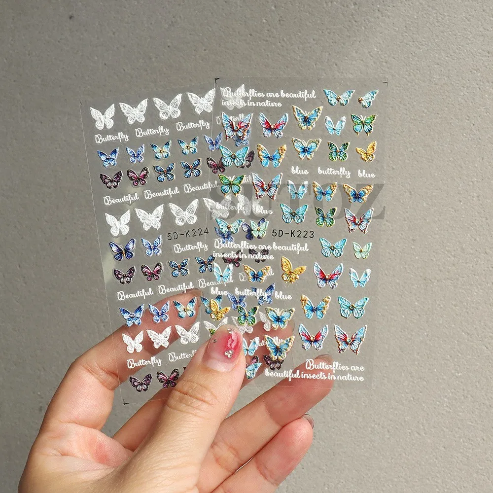 

1Pcs 5D Butterfly Nail Stickers Blue Colorful Flower Butterfly Wing Decals Spring Nail Art Wraps Manicure Decoration
