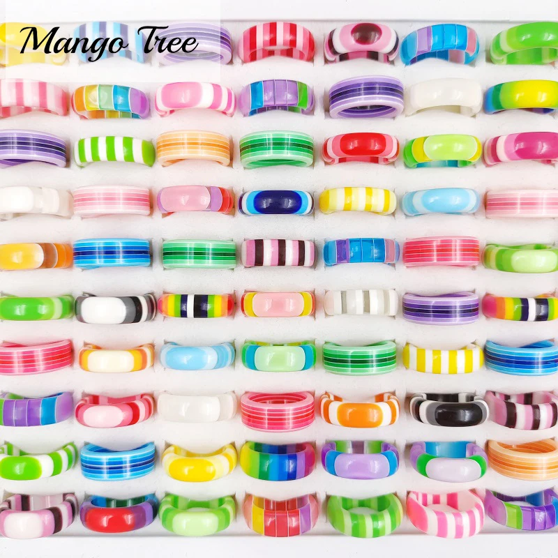 

Wholesale 20/30/50Pcs/Lot Colorful Resin Acrylic Stripe Line Rings Accessories for Women and Girl Mix Trendy Jewelry Party Gift