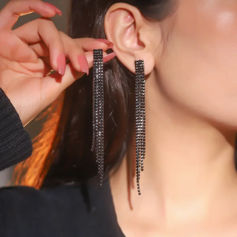 Модные Длинные Висячие Серьги Для Женщин FYUAN Черные С Кисточками Геометрической