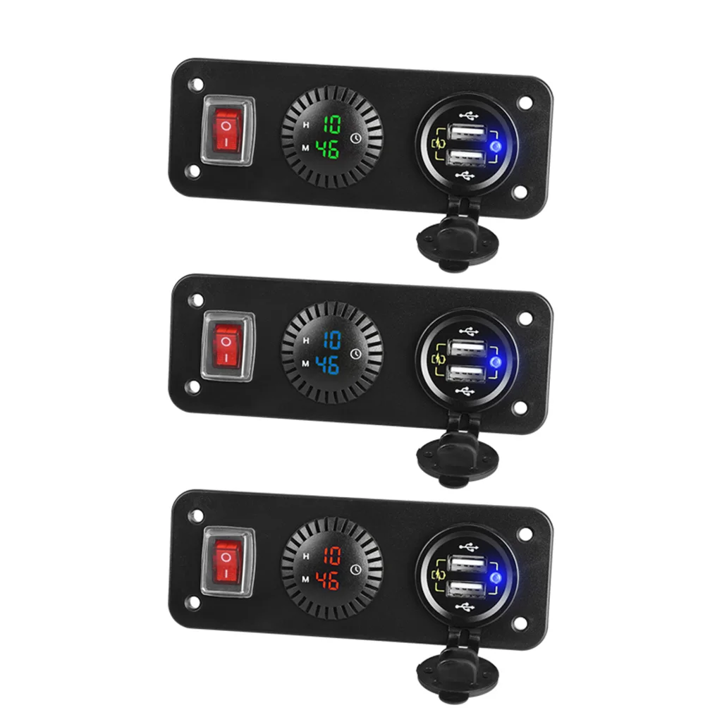 12V 24V Car for QC 3.0 Dual USB Fast Charger LED Clock with Power Cable ON-Off Switch Panel for Car Boat Marine RV Truck