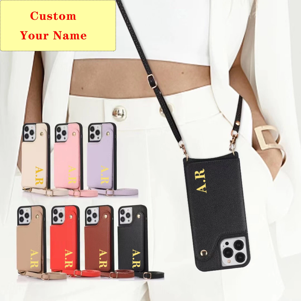 

Luxury Brand Personalise Name A-Z Letters Leather Crossbody Lanyard Hard Case For iPhone 13 12 11 Pro X XS Max XR 7 8 Plus Cover