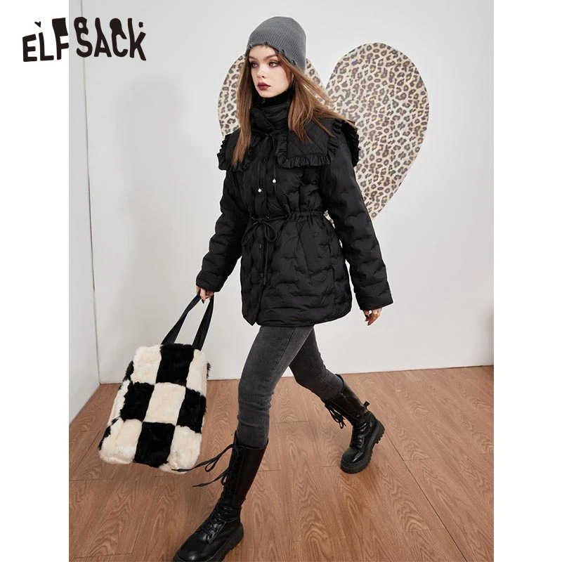 ELFSACK Black Down Coats Women 2022 Winter New Loose Designed Jackets