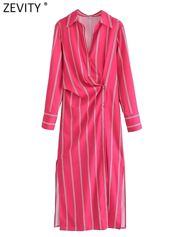 

Zevity Новинка, женское винтажное Полосатое платье миди на пуговицах с разрезом сбоку, офисное женское повседневное плиссированное платье с д...