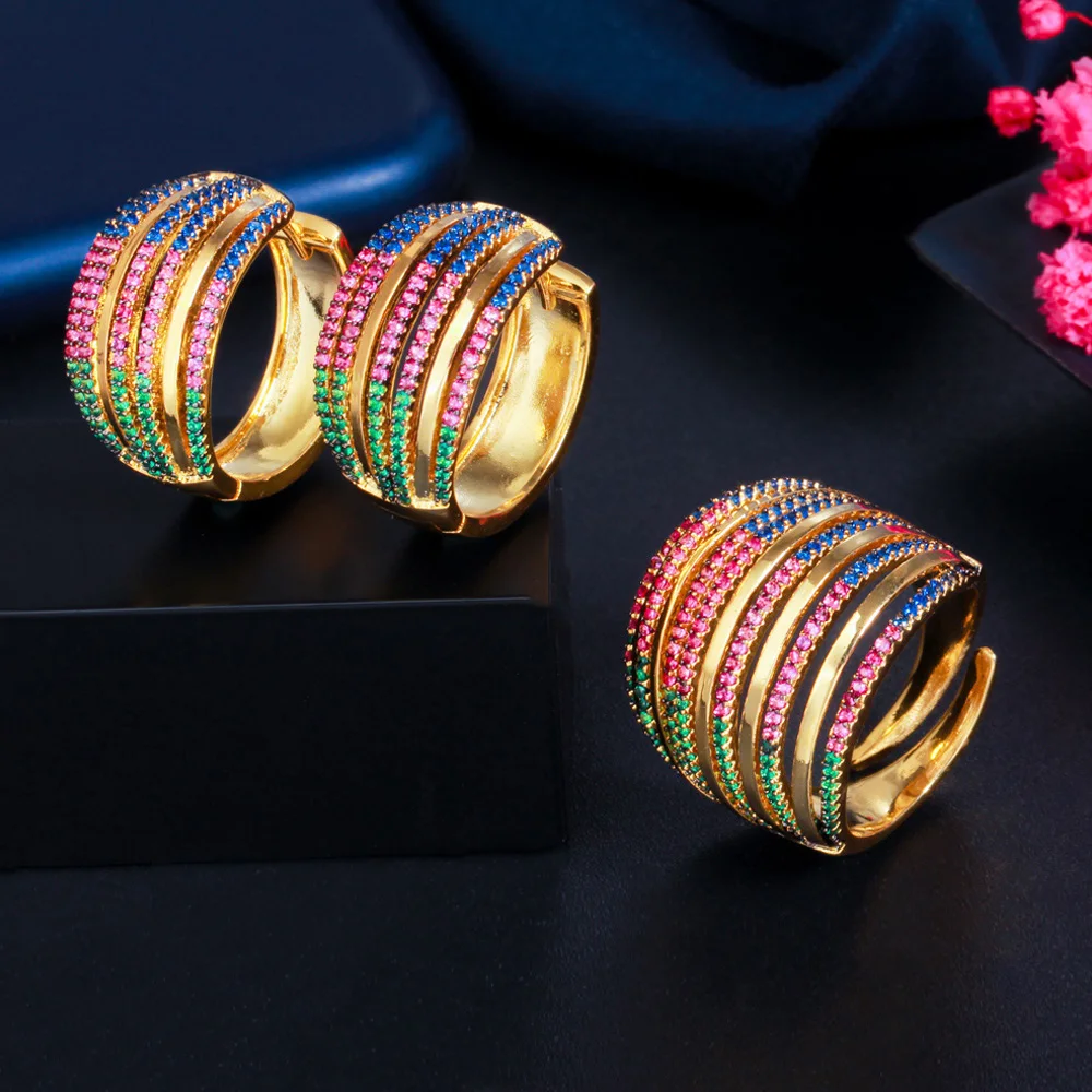 

ThreeGraces Classic Micro Multicolor Cubic Zirconia Paved Fashion Hoop Earrings and Ring Set for Women Party Jewelry JS594