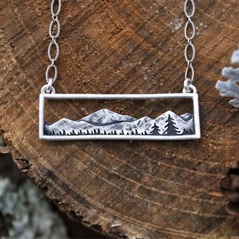 

Mountain Range Pine Trees Pendant Necklace Wanderlust Landscape Jewelry Statement Chain Necklaces for Women Accessories Gift