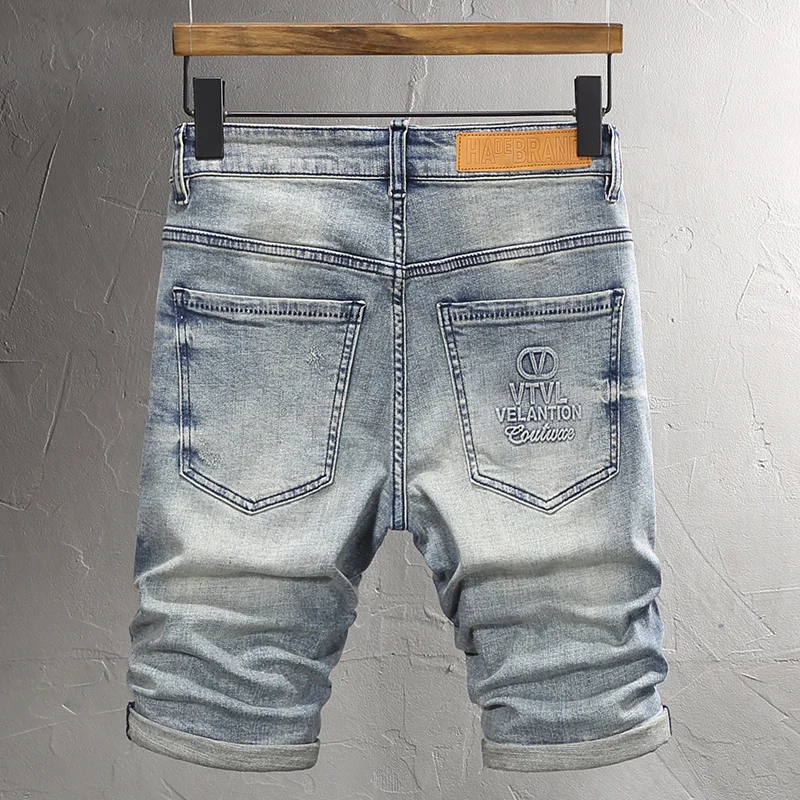Fashion Designer Men Jeans Summer Trendy Retro Blue Elastic Ripped Short Jeans Embossed Vintage Hip Hop Denim Shorts Hombre
