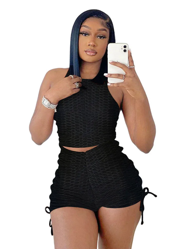 

Szkzk Summer casual sportswear yoga two piece set Women Tanks and high waist shorts with draw string black bodycon jogging set